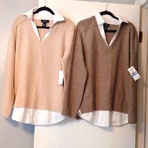 Set Of NWT Karen Kane Women's V-Neck Sweater by - Cream and Brown Suze Xl